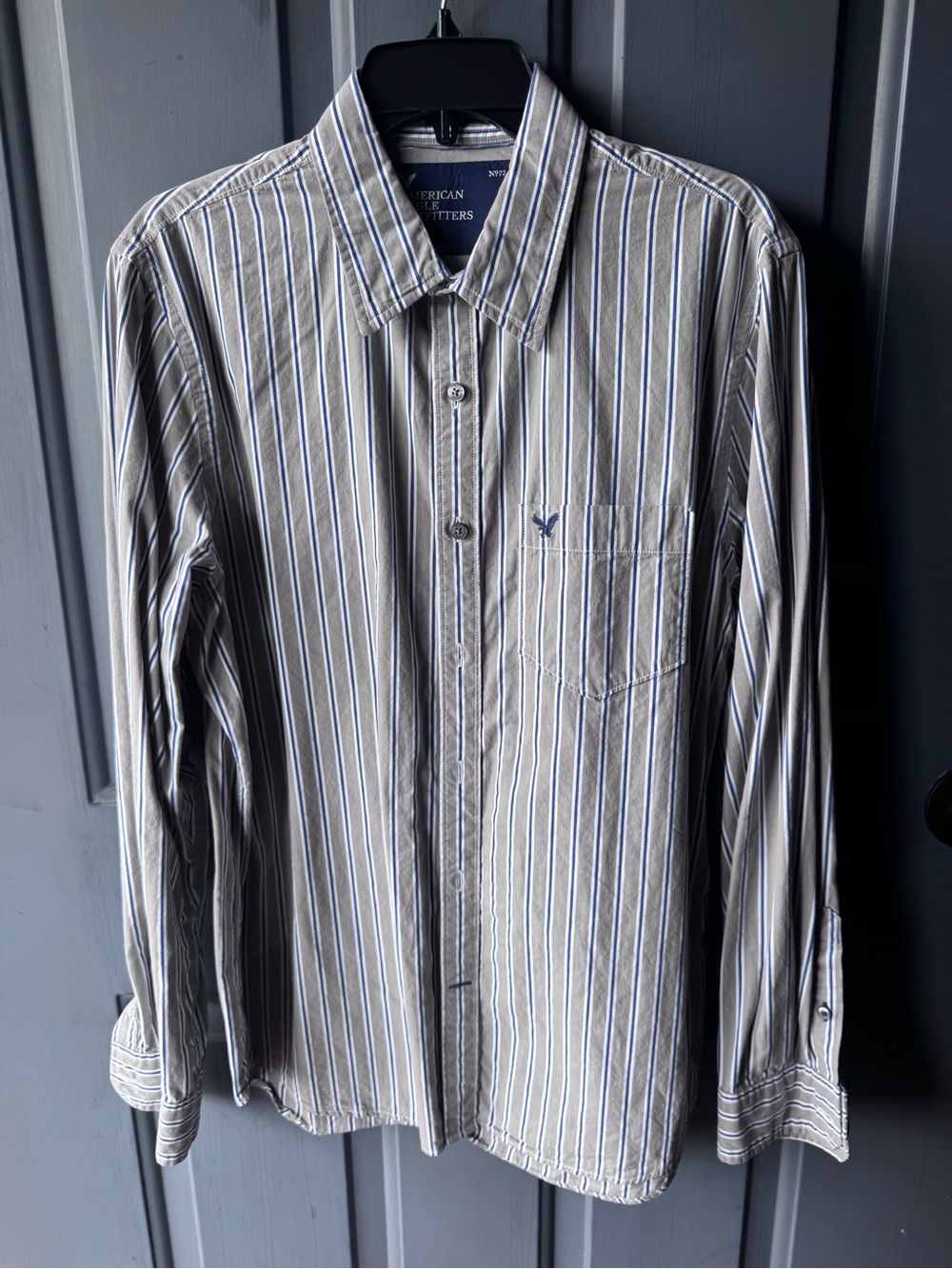 American Eagle Outfitters Beige Striped Button-Down Shirt with Blue Accents L